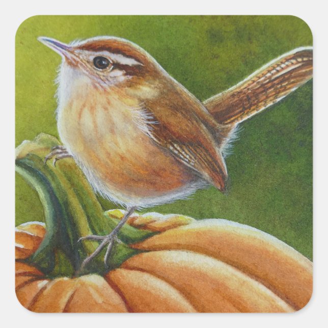 Sticker Carré Oiseau d'automne Wren sur Orange Citrouille aquare (Devant)