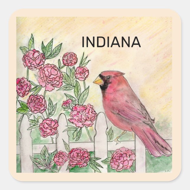 Sticker Carré Oiseau de l'état de l'Indiana et fleur (Devant)
