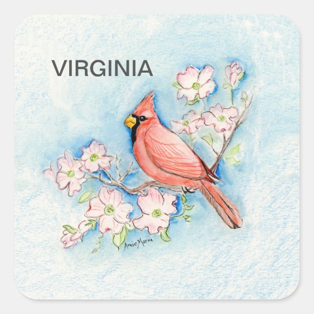 Sticker Carré Oiseau de Virginie et fleur (Devant)