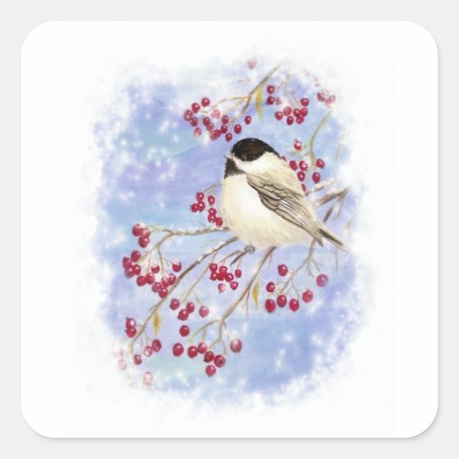 Sticker Carré Oiseau d'hiver à travers la fenêtre neigeuse. Scèn (Devant)