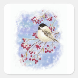 Sticker Carré Oiseau d'hiver à travers la fenêtre neigeuse. Scèn