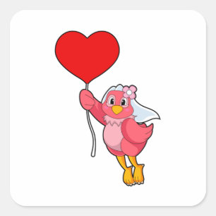 Sticker Carré Oiseau en mariée avec Voile et Balloon Coeur