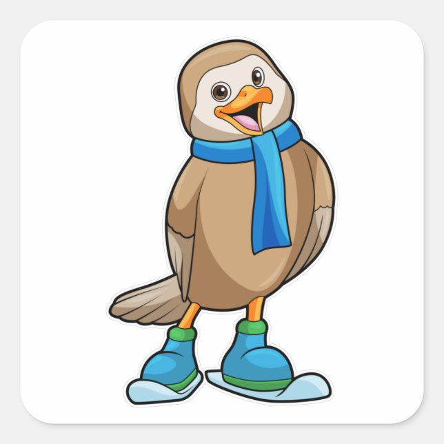 Sticker Carré Oiseau en ski avec Ski & Scarf (Devant)