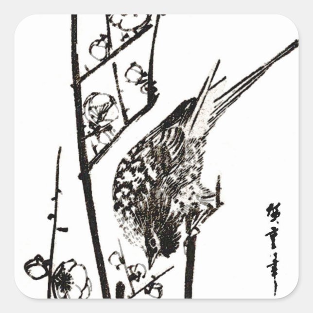 Sticker Carré Oiseau japonais sur une branche - noir et blanc (Devant)