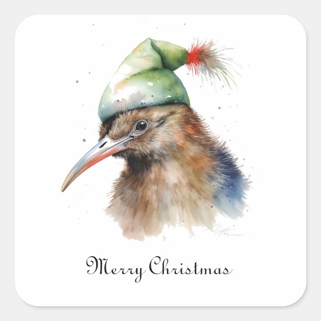 Sticker Carré Oiseau Kiwi mignon en Casquette elfe de Noël, cout (Devant)