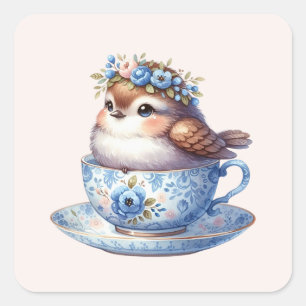 Sticker Carré Oiseau mignon en Floral Teacup Cottagecore Art