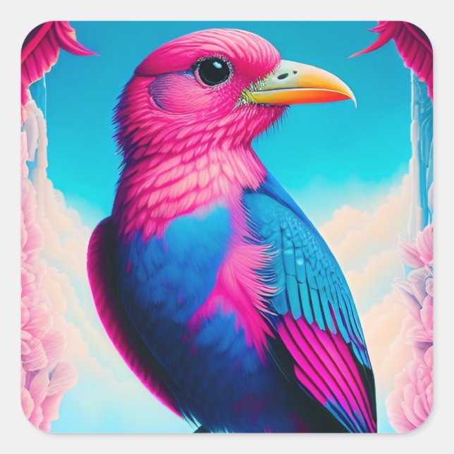 Sticker Carré Oiseau rose et bleu (Devant)
