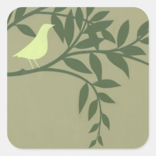 Sticker Carré Oiseau vert perché sur une branche verte