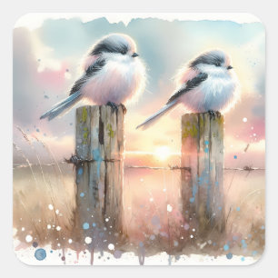 Sticker Carré Oiseaux au pastel à l'aquarelle sur un poteau de c
