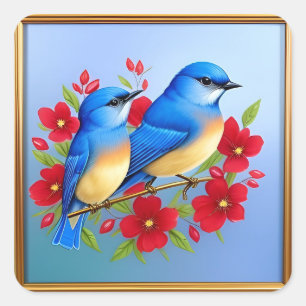 Sticker Carré Oiseaux bleus colorés perchés parmi les fleurs rou