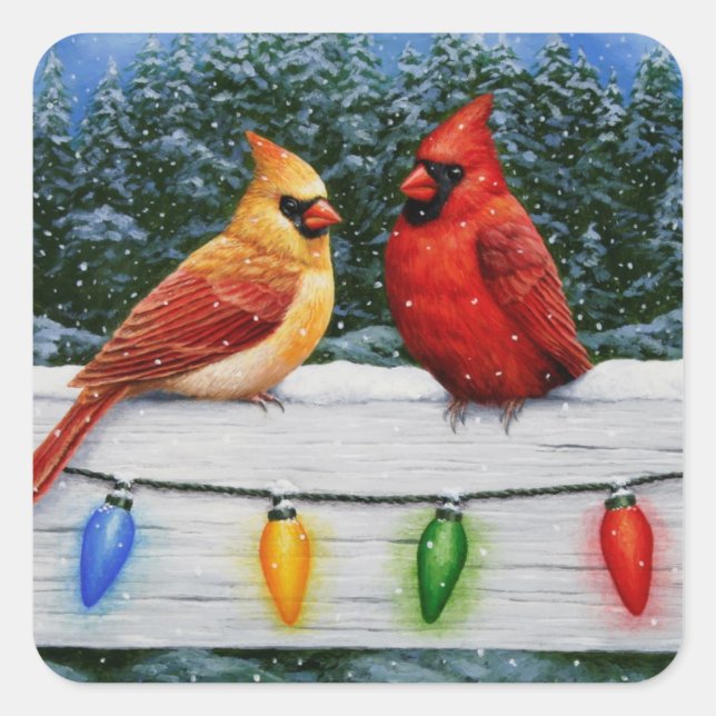 Sticker Carré Oiseaux cardinaux et lumières de Noël (Devant)