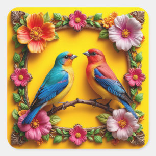 Sticker Carré 🐦 Oiseaux chanteurs de cadre floral Art de la nat