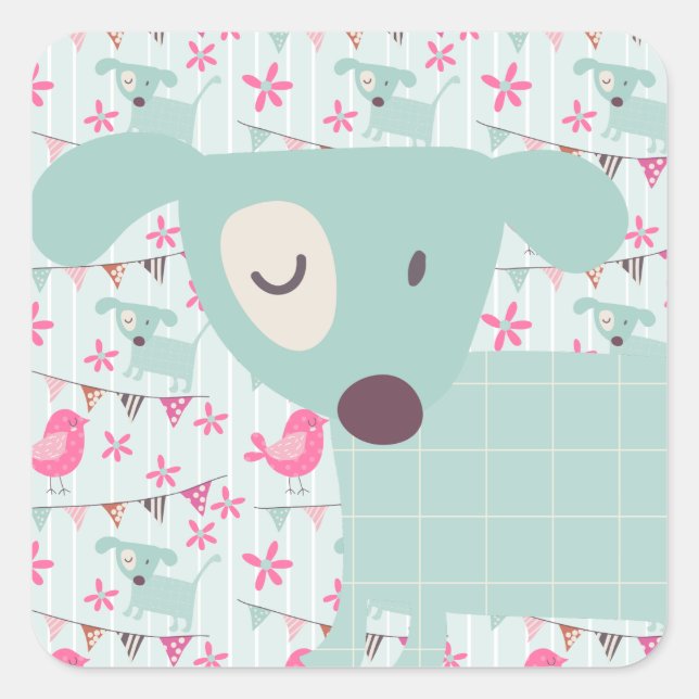 Sticker Carré Oiseaux, Chiens, Bannières, Fleurs (Devant)