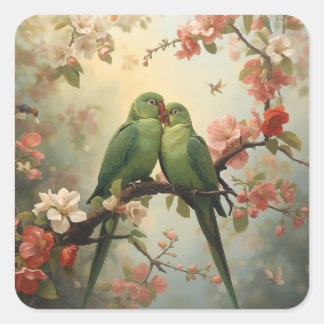 Sticker Carré Oiseaux d'amour | Perroquets verts parmi les fleur