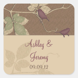 Sticker Carré Oiseaux d'automne violet Feuille Enveloppe Mariage