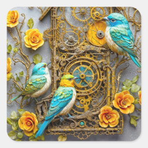 Sticker Carré Oiseaux de Steampunk aux roses d'or