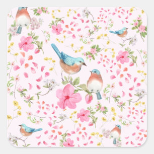 Sticker Carré Oiseaux et fleurs colorés du printemps