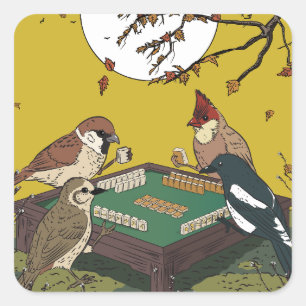 Sticker Carré Oiseaux jouant au Mahjong 