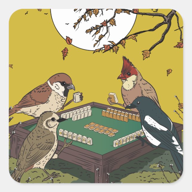 Sticker Carré Oiseaux jouant au Mahjong  (Devant)