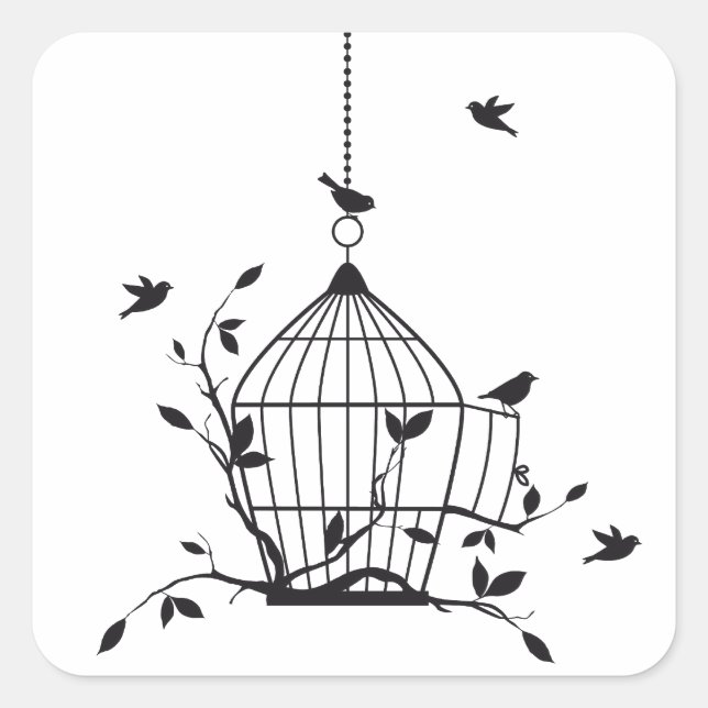 Sticker Carré Oiseaux libres avec cage ouverte (Devant)