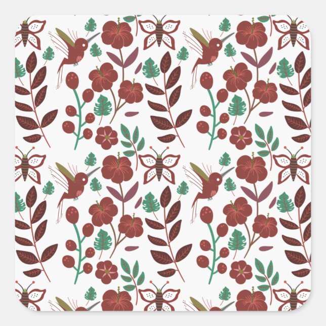 Sticker Carré Oiseaux motifs et papillons floraux sans soudure (Devant)