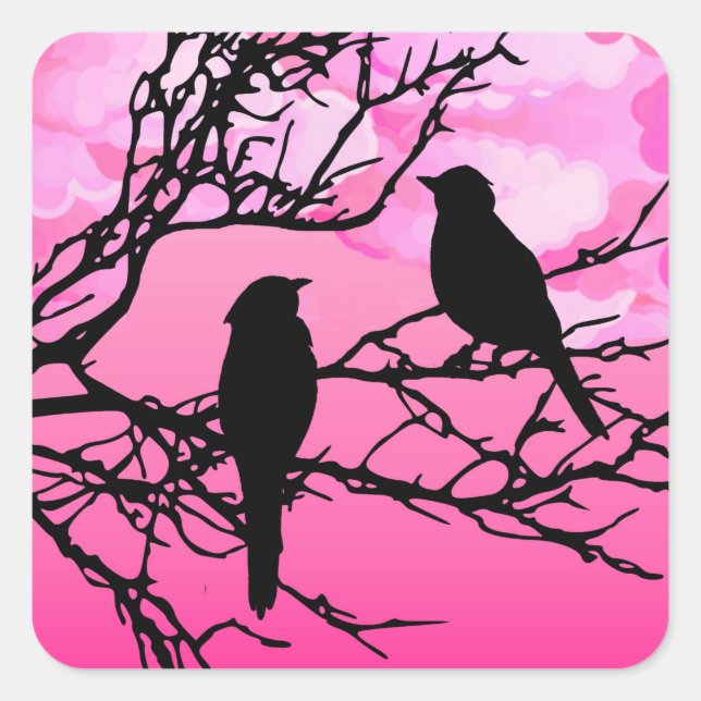 Sticker Carré Oiseaux sur une branche, Noir contre Aube Rose (Devant)