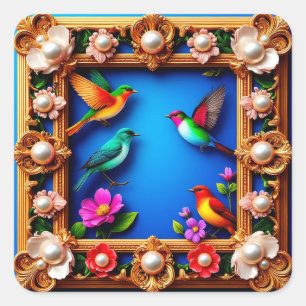 Sticker Carré Oiseaux Vibrants Entourés d'un Cadre Floral Orné