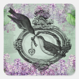 Sticker Carré Oiseaux vintages avec un Trousse de Coeur Vêtement