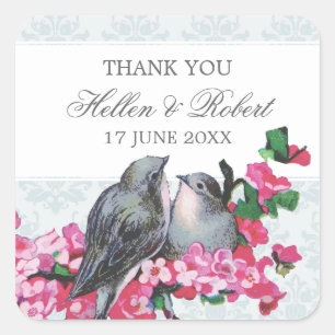 Sticker Carré Oiseaux Vintages hiver Mariage Merci Favoriser