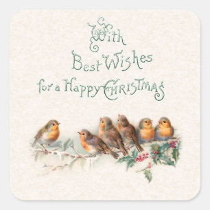 Sticker Carré Oiseaux vintages, salutation Holly et Noël