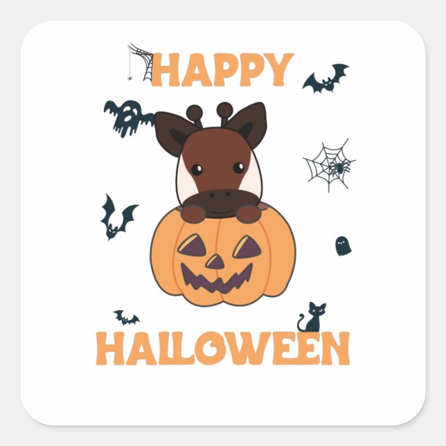 Sticker Carré Okapi En Citrouille Cute Okapis Joyeux Halloween (Devant)