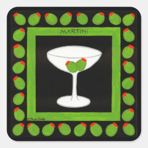 Sticker Carré Olive Martini Retro Boisson Art Vert et Noir