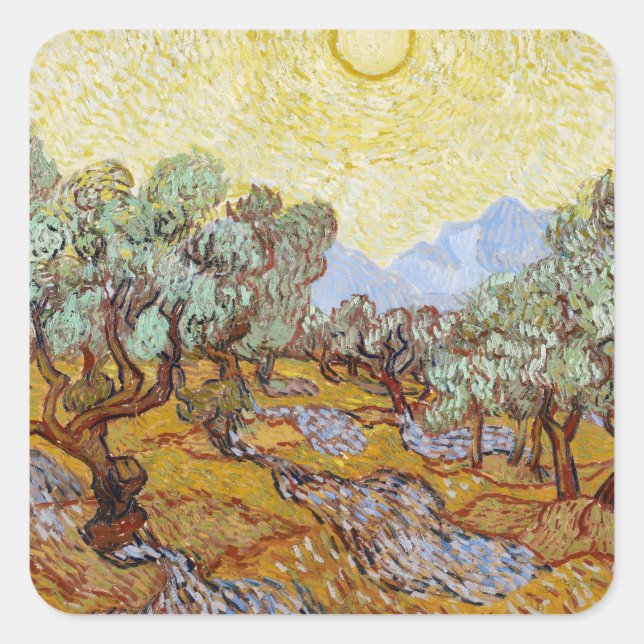 Sticker Carré Oliviers au ciel et au soleil jaunes (Devant)