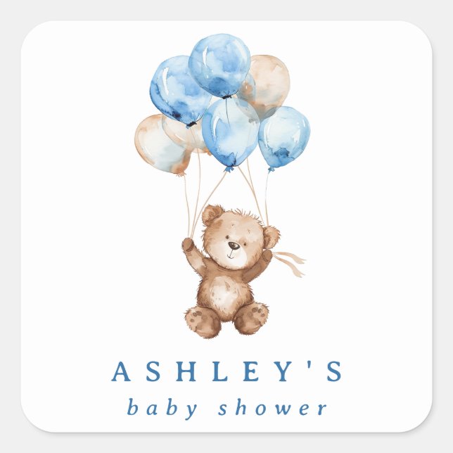 Sticker Carré On peut attendre Blue Boy Bear Baby shower (Devant)