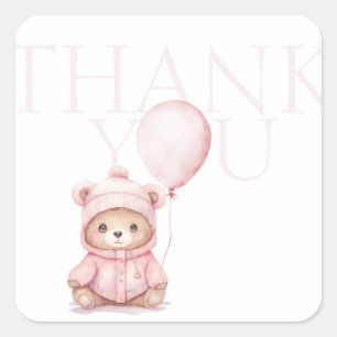Sticker Carré On Peut Attendre Le Merci Baby shower Ours Rose