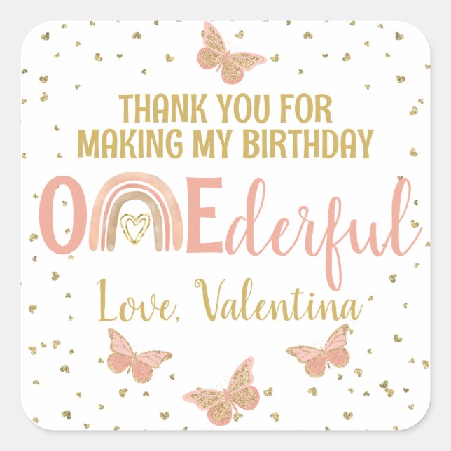 Sticker Carré ONE derful Birthday Butterflies Rainbow Merci (Devant)