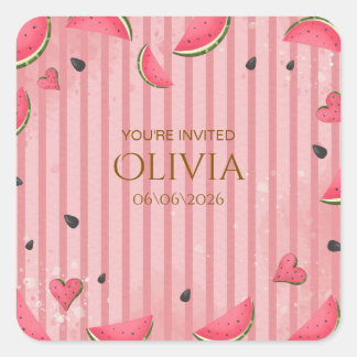 Sticker Carré One in a Melon Watermelon First Birthday Invitatio