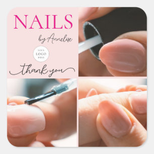Sticker Carré Ongles Rose Pâle Salon Script Logo Photo Merci