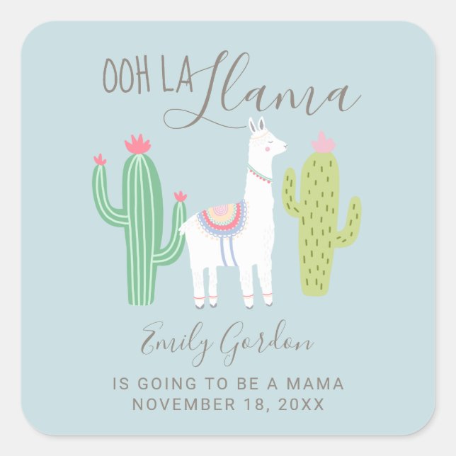 Sticker Carré Ooh La Llama Baby shower Cute Bleu Brown Simple (Devant)