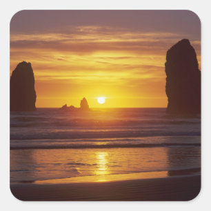 Sticker Carré OR, côte de l'Oregon, Cannon Beach, stacks à 2