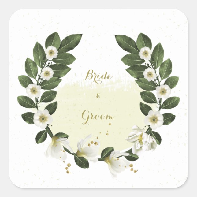 Sticker Carré or et fleurs blanches verdure mariage de couronne (Devant)