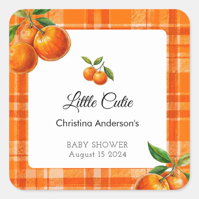 Sticker Carré Orange 3D Citrus Plaid Baby shower dessiné (Devant)
