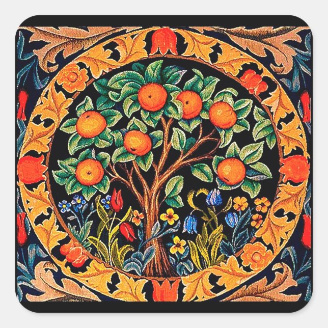 STICKER CARRÉ ORANGE ARBRE AVEC FEUILLES VERTS, FLEURS (Devant)