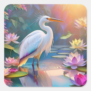 Sticker Carré Orange Billed White Heron Imaginaire Bird