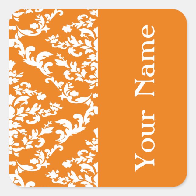 Sticker Carré Orange Bold Damask à Emporiomoffa avec nom (Devant)