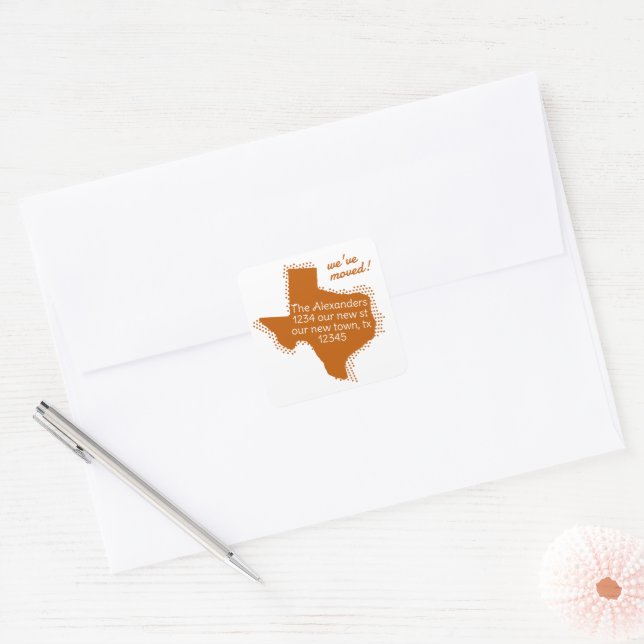 Sticker Carré Orange brûlé Nous avons déménagé - Texas émaillé M (Enveloppe)