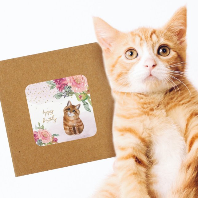 Sticker Carré Orange Cat Illustration Joyeux Anniversaire Fille  (Créateur téléchargé)