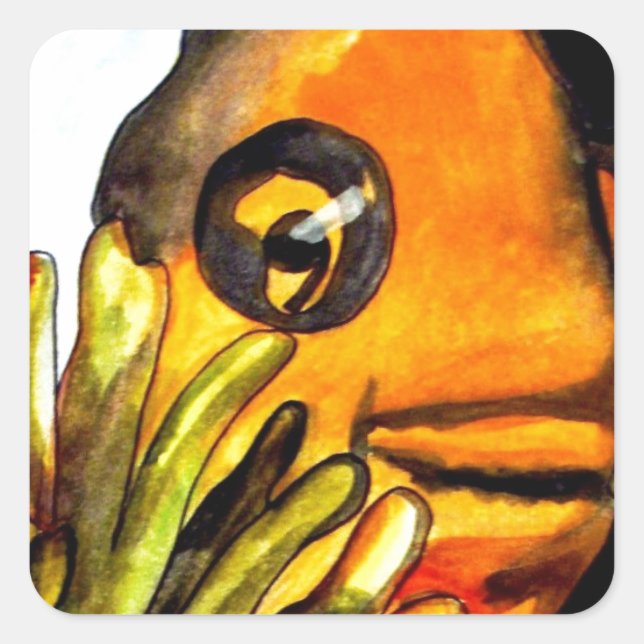 Sticker Carré Orange Clown Poisson aquarelle peinture d'art orig (Devant)