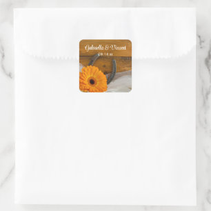 Sticker Carré Orange Daisy et Horseshoe Country Western Mariage