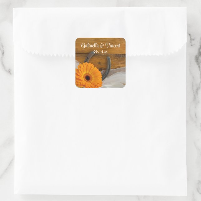 Sticker Carré Orange Daisy et Horseshoe Country Western Mariage (Sac)